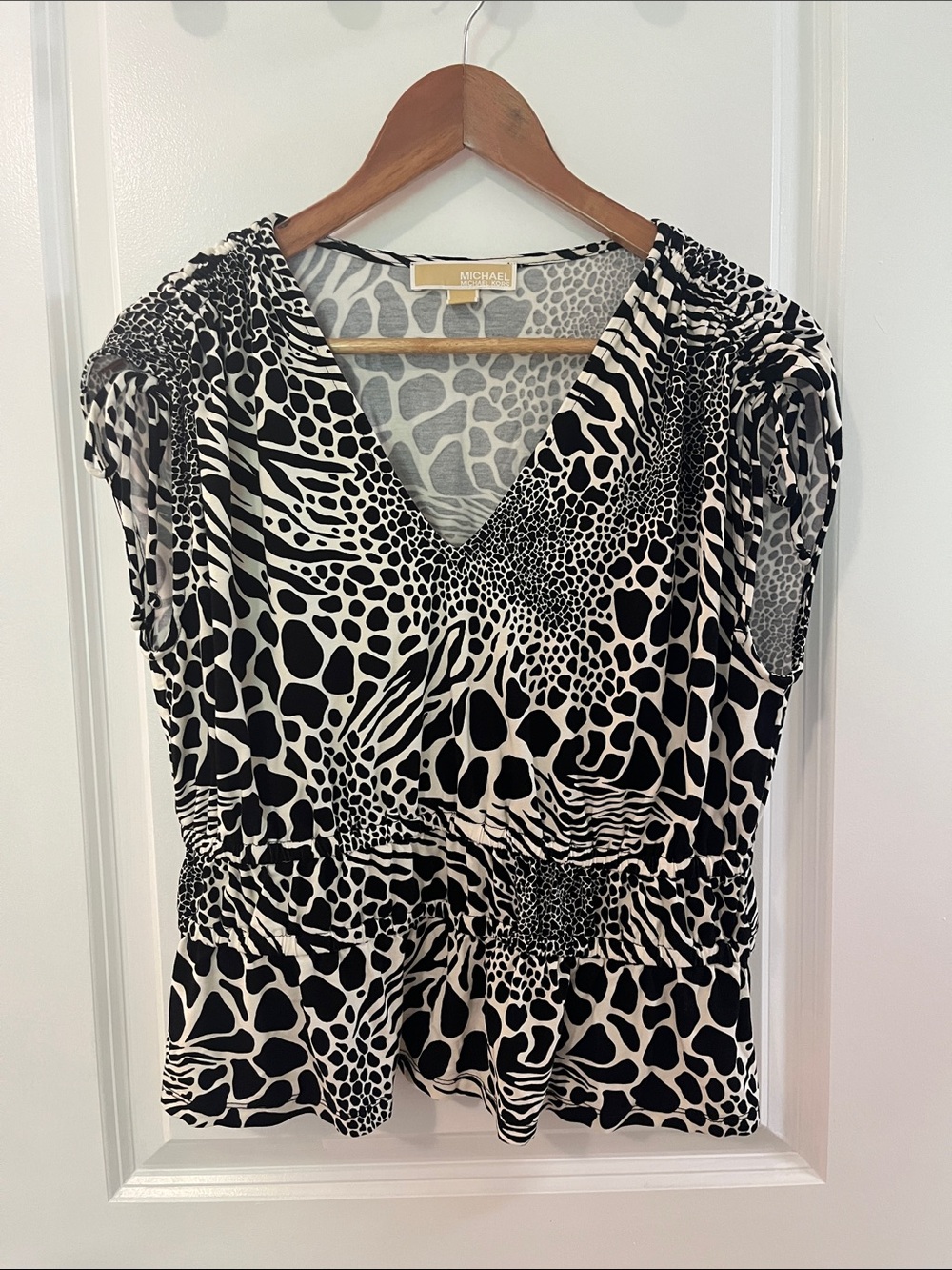 Michael Kors Black and White Animal-Print V-Neck Peplum Blouse